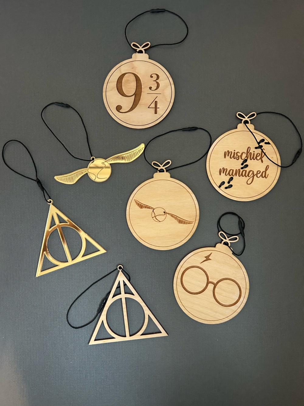 Harry Potter Inspired Christmas Tree Ornament Set - Wood Etched and Gold Plastic